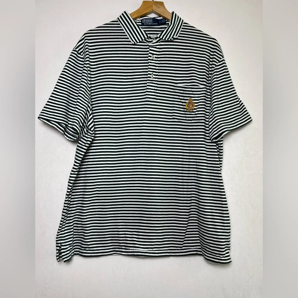 Ralph Lauren Polo Men Classic Fit Green White Stripe Crest Polo Shirt Size XL